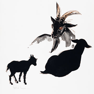 two black goat silhouettes and a goat head on a white background